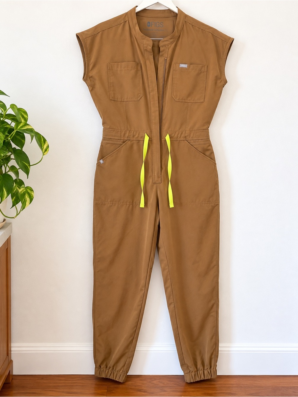 Figs Women's Utility Jumpsuit in Caramel with Neon Yellow Drawcord
